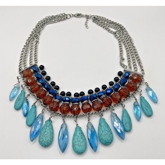 Egyptian Style Teardrop Fringe Bib Necklace Stone Bead Blue Turquoise Gold Chain - Picture 1 of 7